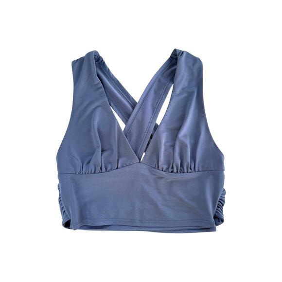 UO Top Satin Blue Cross Back Crop Blouse V Plunge Cross Back Bralette XS - Picture 1 of 7